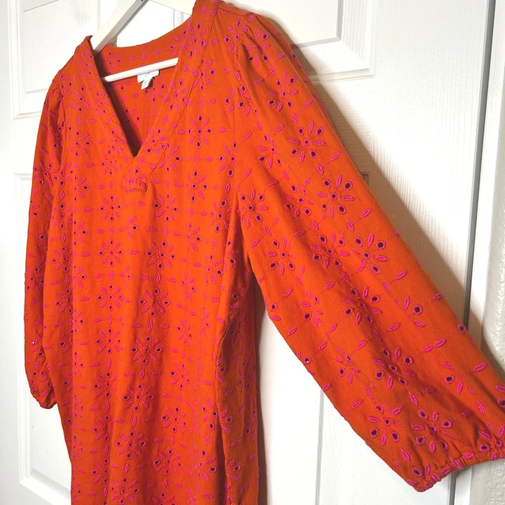J Jill Contrasting Eyelet Tunic Embroidered Orange Pink 3/4 Sleeve V Neck Blouse - Picture 3 of 7
